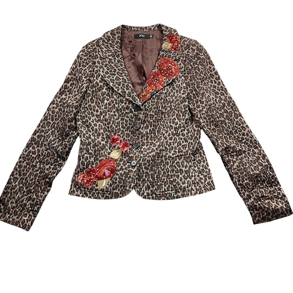JÔN 6 Leopard Print Lined Embellished Sequined Long Sleeve Jacket Poly Blend